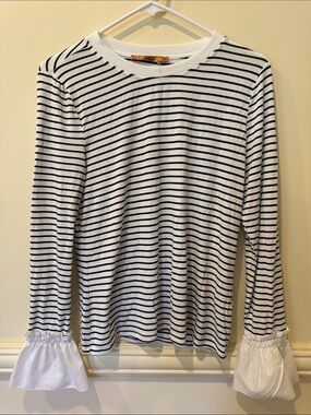 Belldini Black White Striped Nautical Bell Sleeve Top Stretchy M EUC Vacation